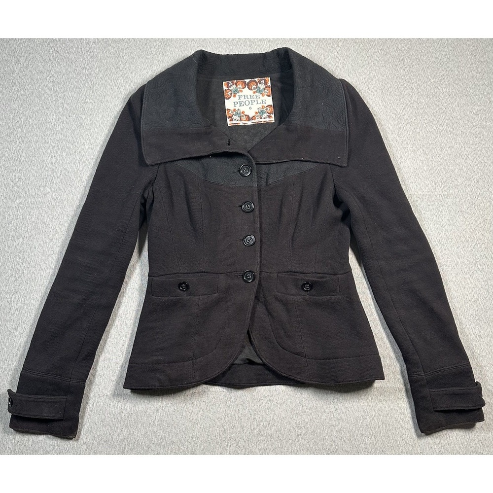 FREE PEOPLE Jacket Women's 6 Black Pockets Button Belted Long Sleeve